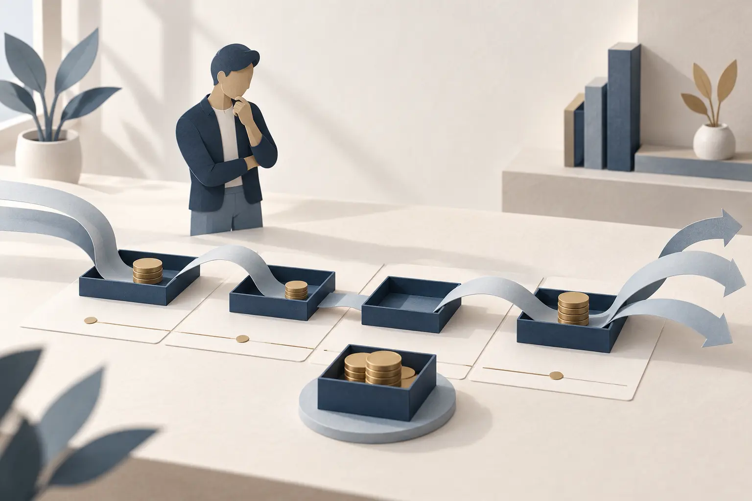 Original paper-style illustration of a business owner considering incoming and outgoing flows across a sequence of cash-planning trays.