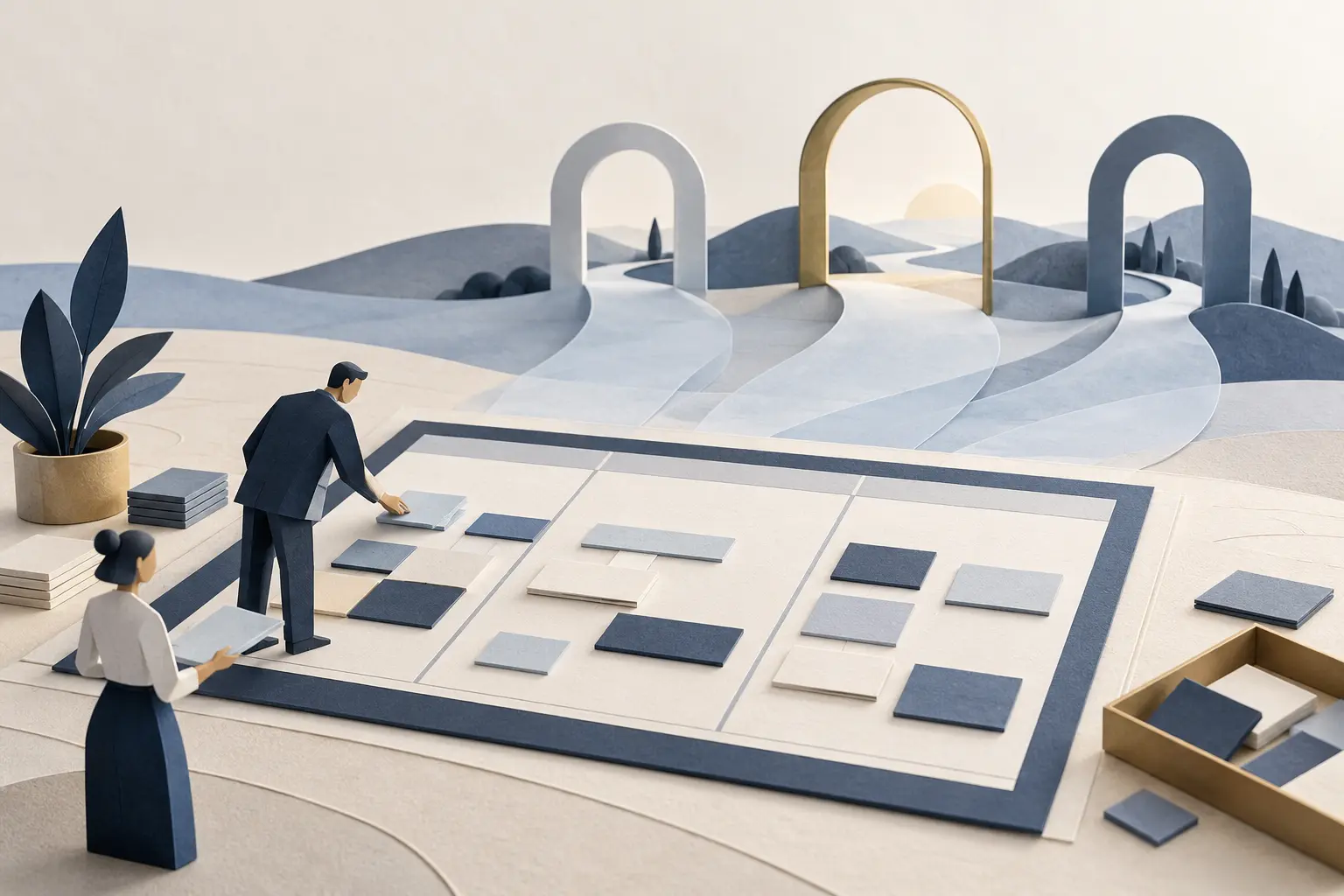 Original paper-style illustration of advisers arranging planning tiles and considering three alternative paths.