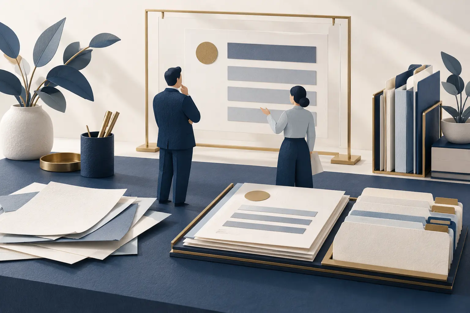 Original paper-style illustration of business advisers reviewing an organized summary beside folders and report sheets.