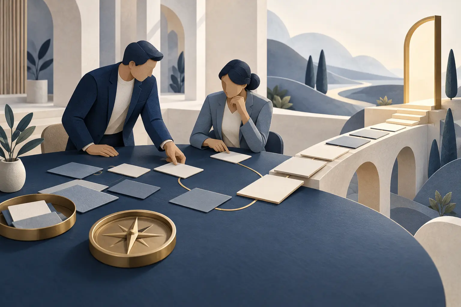 Original paper-style illustration of two business leaders arranging a shared plan that leads toward an open doorway.